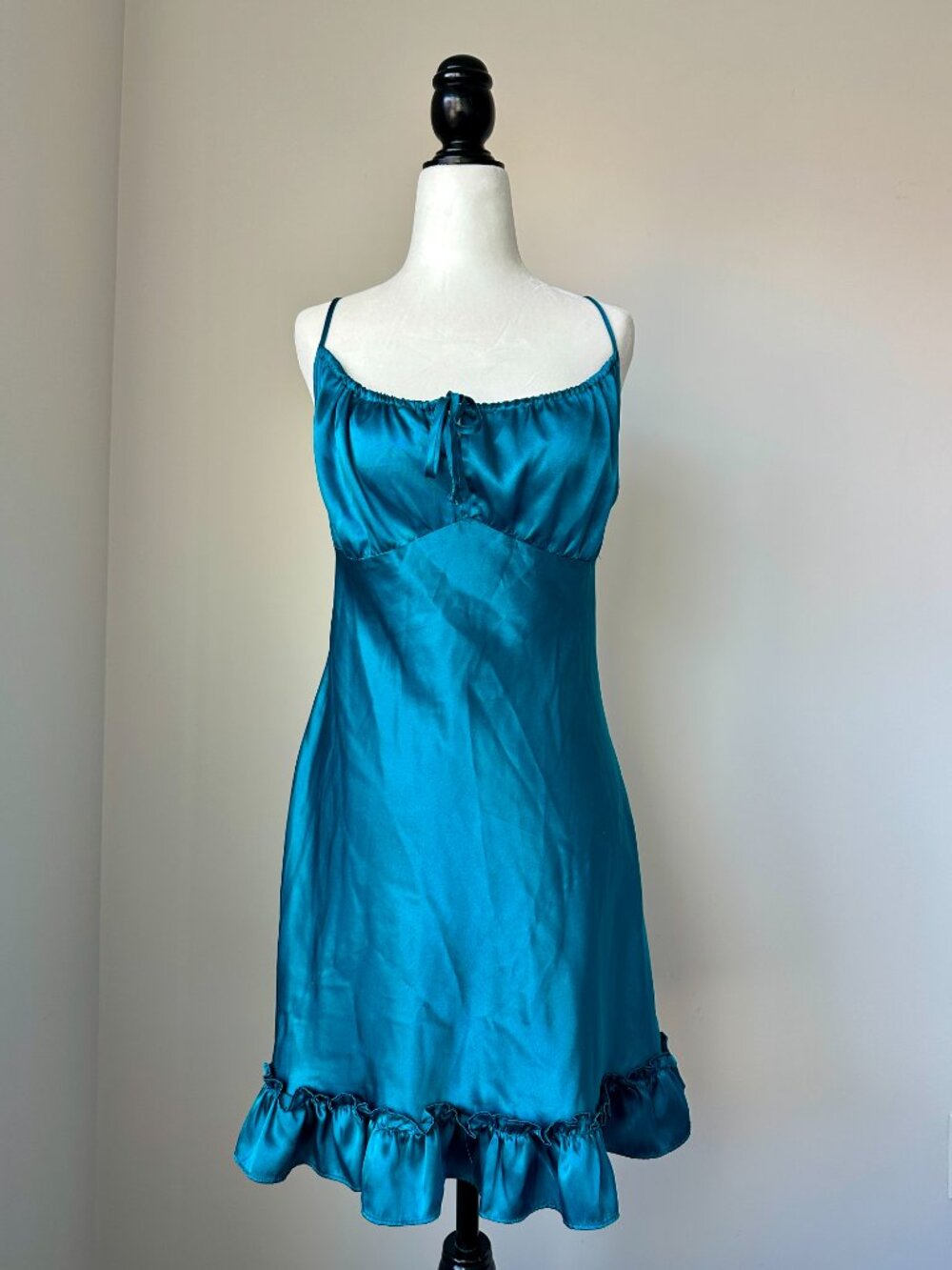 🐬 La Vie En Rose Teal Satin Slip Dress Ruffle Hem Bias Cut Mini S/M Lingerie
